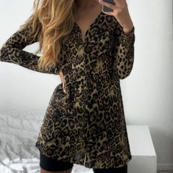 -#36 Leopard Print Long Sleeve Button Down Mini Dress Top - Picture 1 of 5